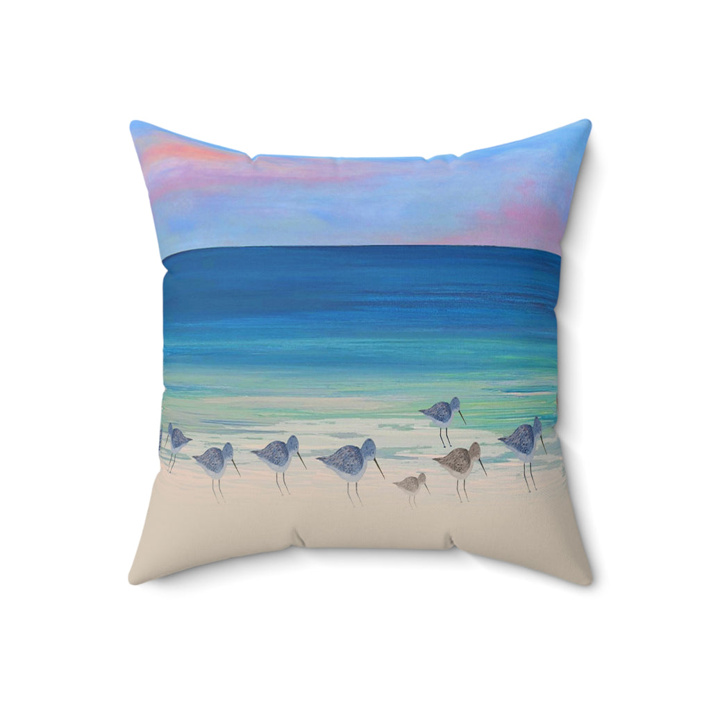 Beach Shorebirds Throw Pillow — Coastal Ocean Sunset Decorative Pillow