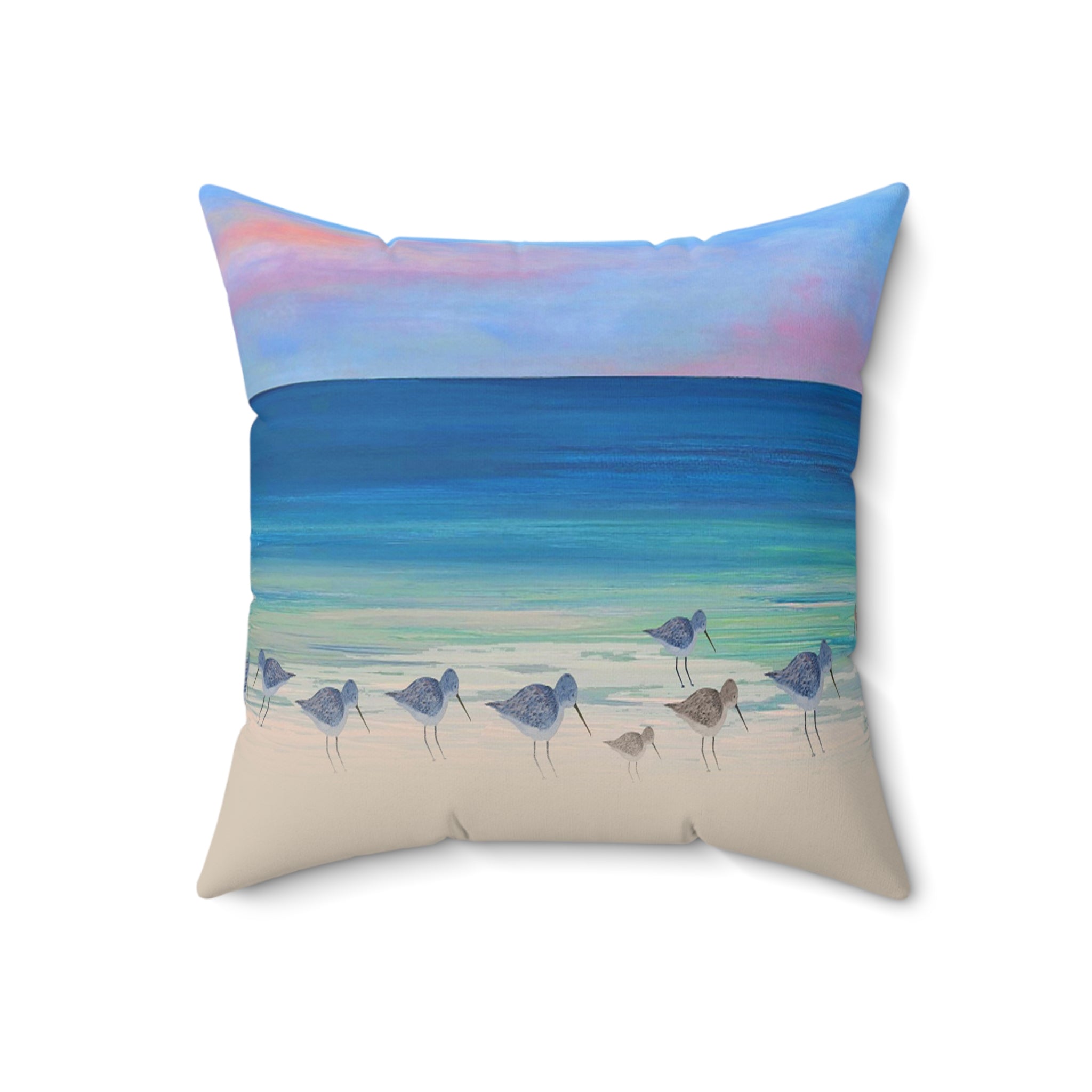 Beach Shorebirds Throw Pillow — Coastal Ocean Sunset Decorative Pillow