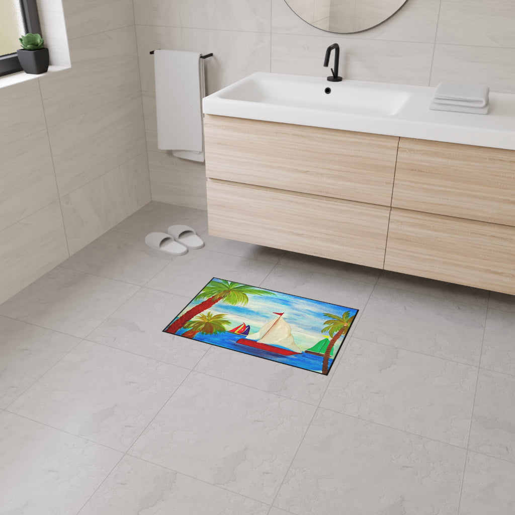 Sailboat Palm Beach Floor Mat — Heavy-Duty Tropical Welcome Mat