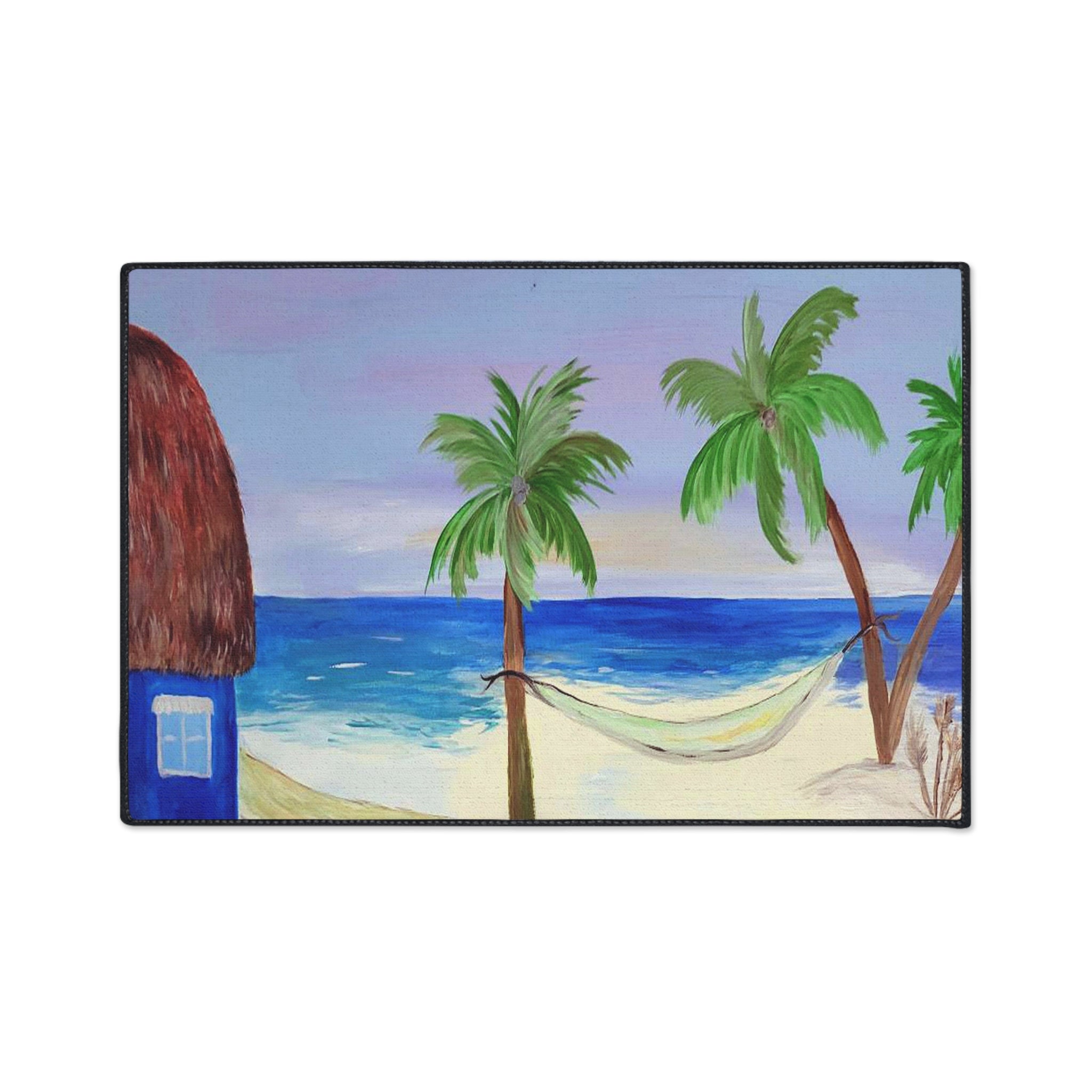 Beach Scene Heavy Duty Floor Mat — Tropical Hammock Palm Tree Doormat
