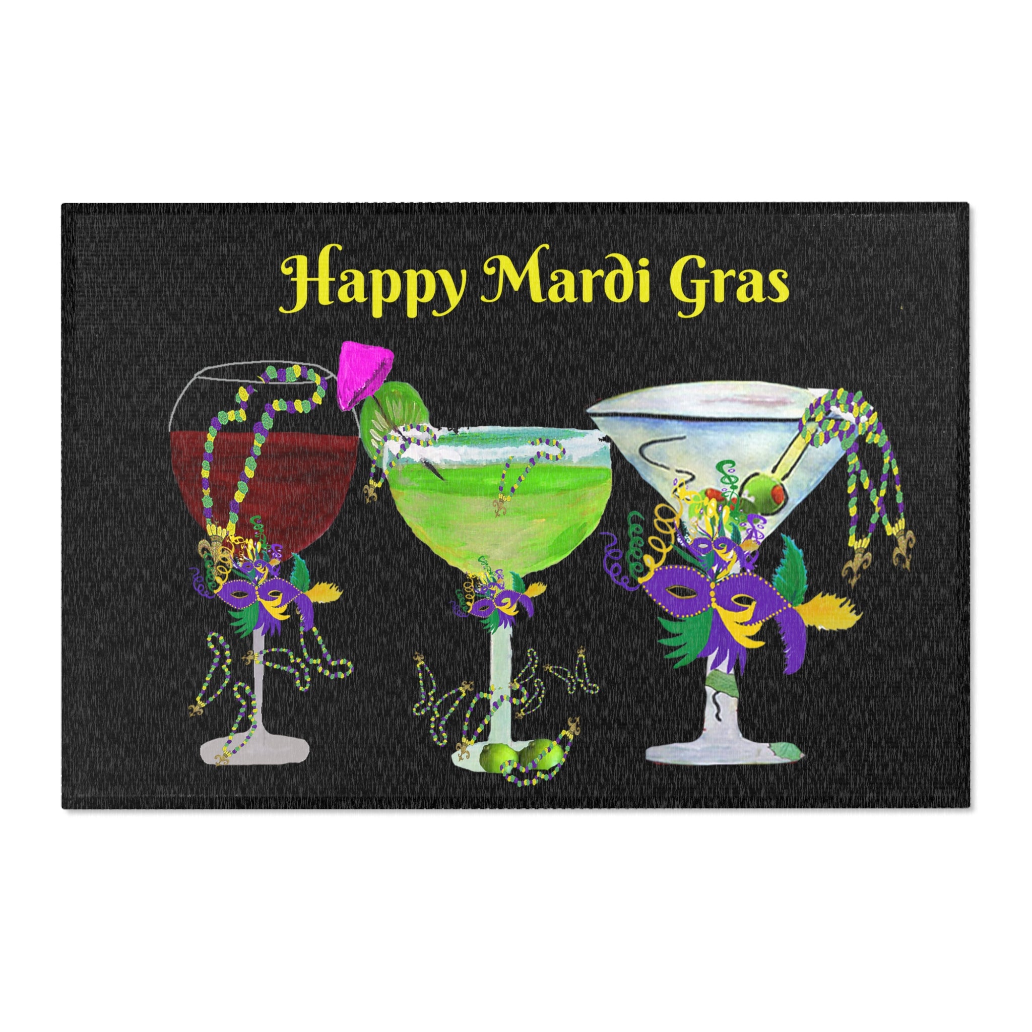 Mardi Gras Cocktail Area Rug — "Happy Mardi Gras" Festive Party Mat