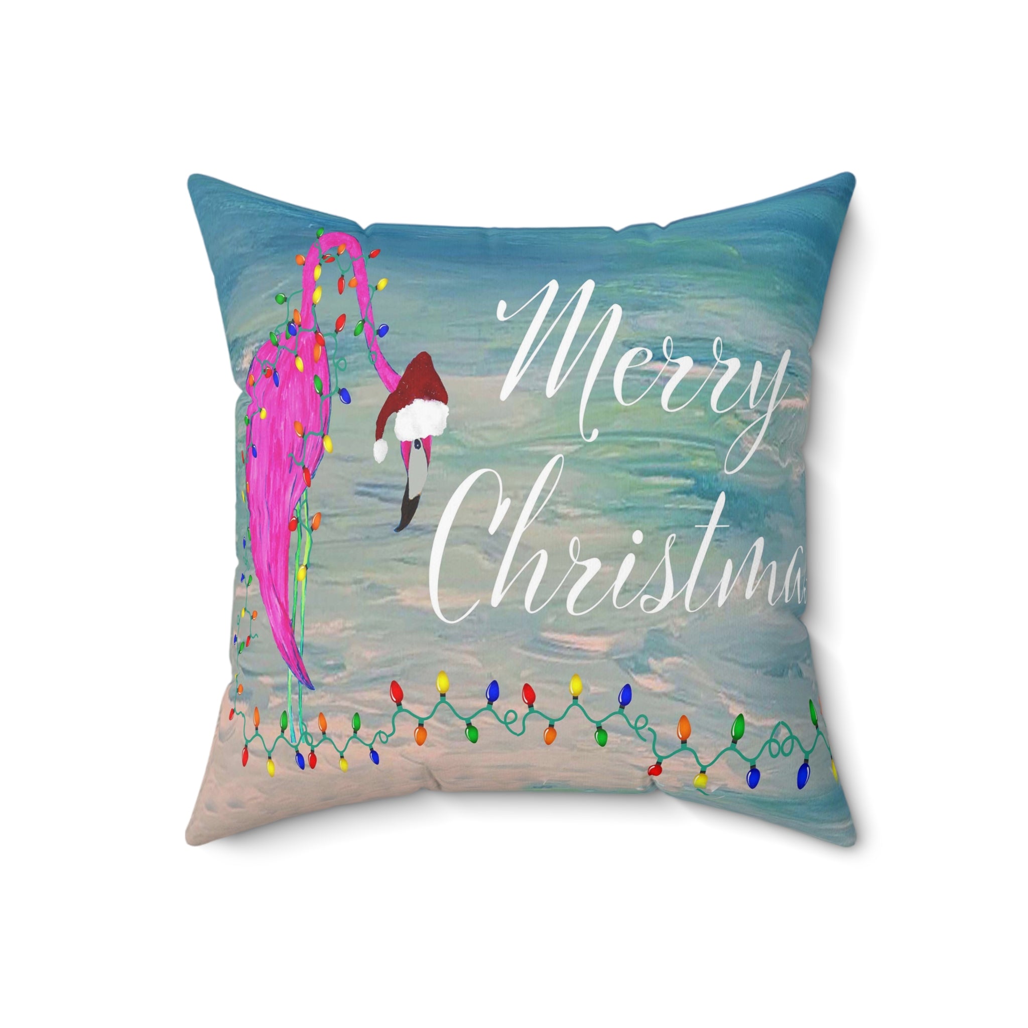 Tropical flamingo and Holiday lights clearwater beach Spun Polyester Square Pillow