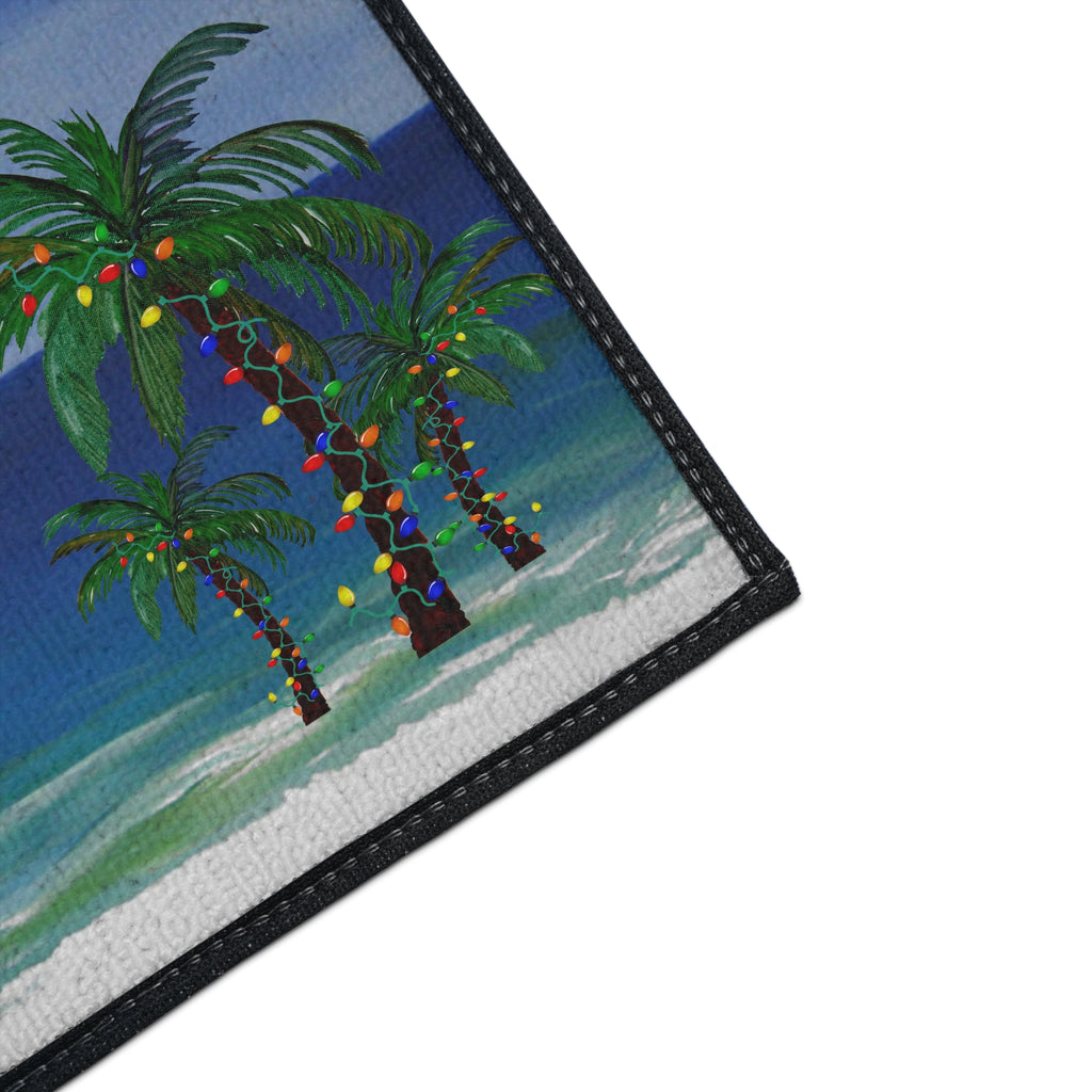 Merry Christmas Beach Floor Mat — Tropical Palm Trees Holiday Doormat