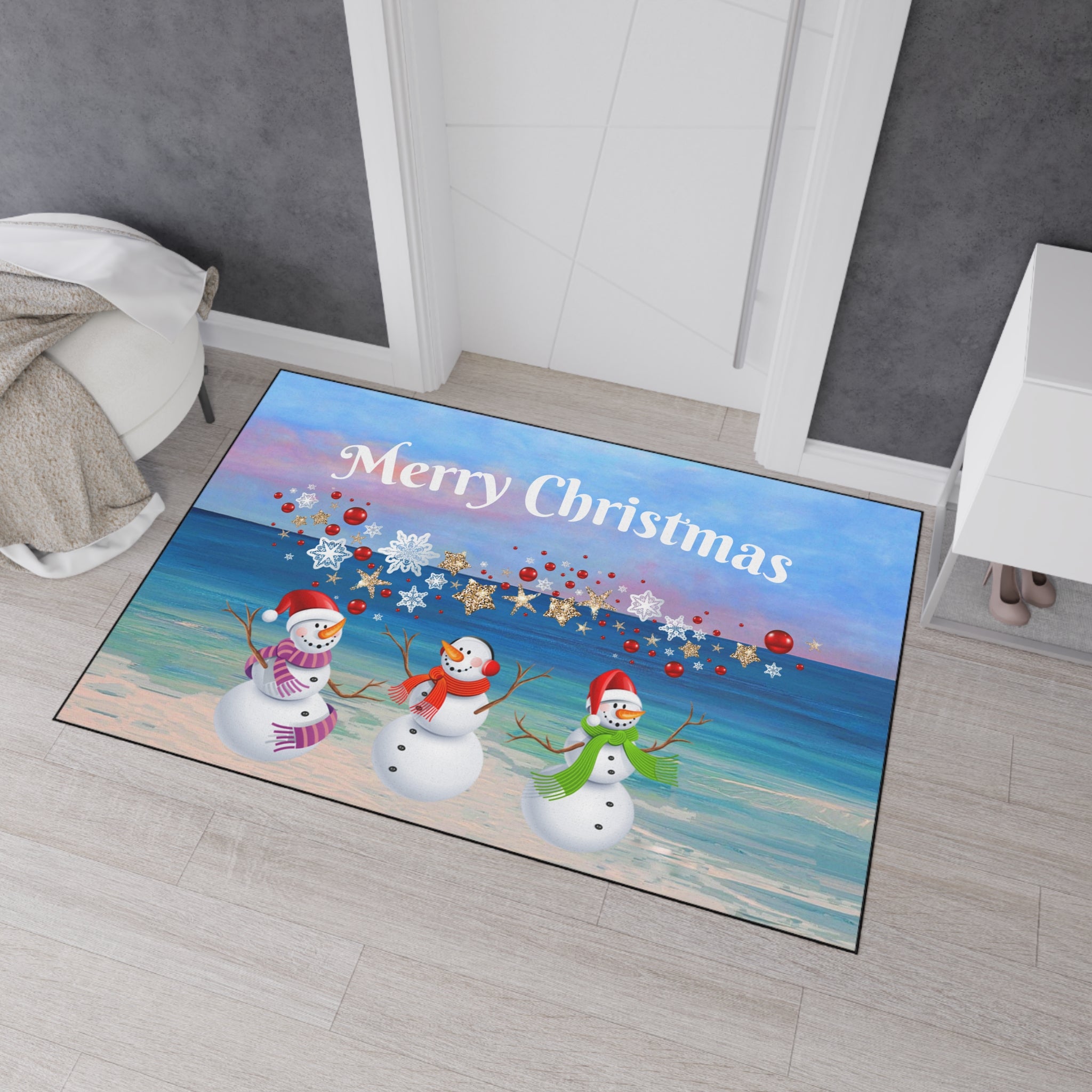 Christmas Snowmen Beach Heavy Duty Floor Mat - Merry Christmas Holiday Doormat