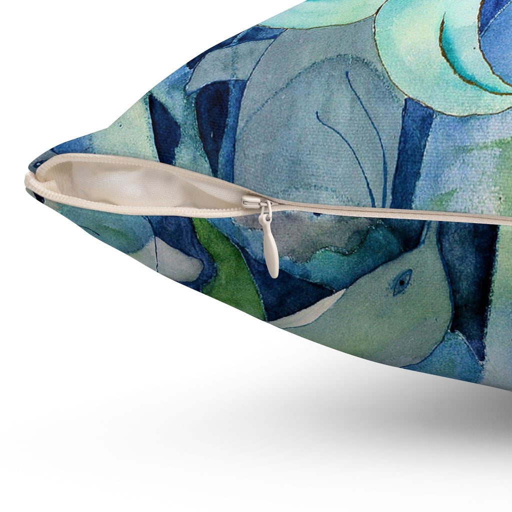 Mermaid & Dolphins Blue Watercolor Throw Pillow