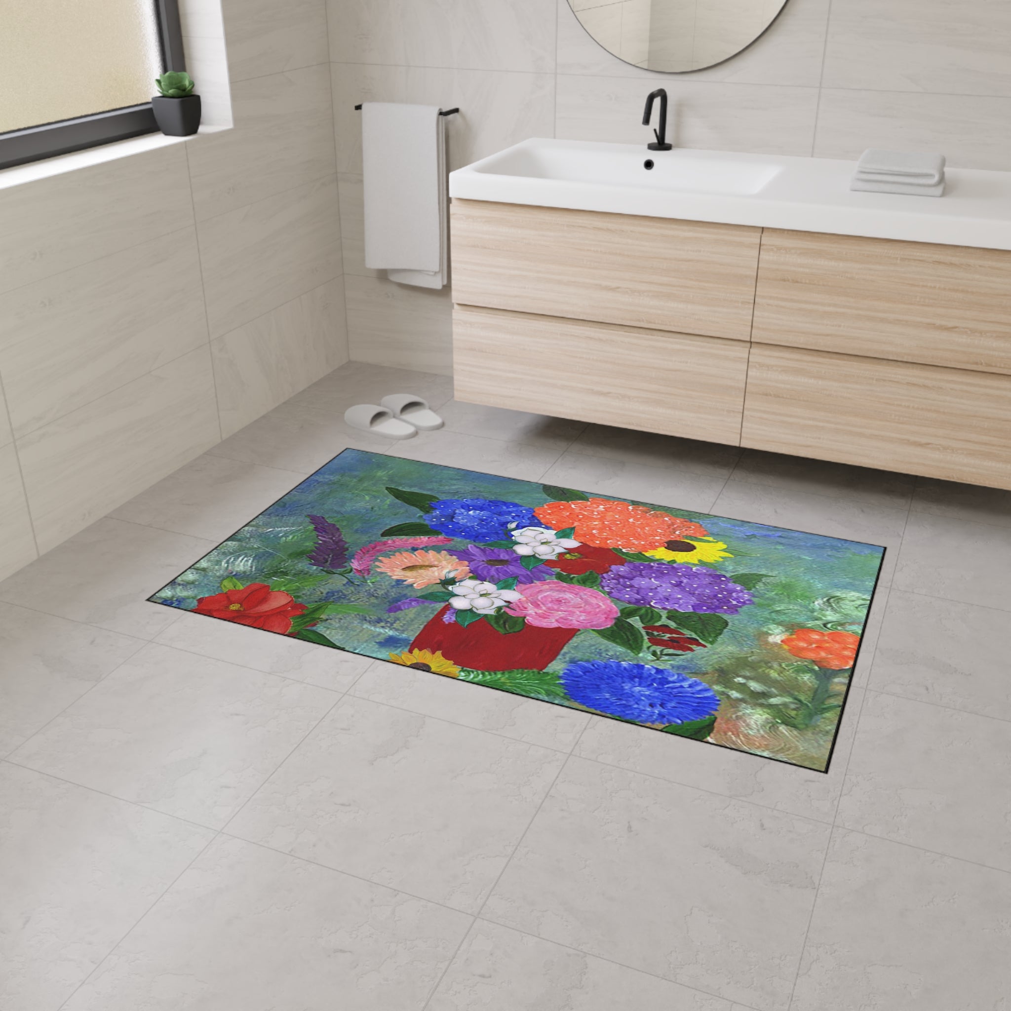 Floral Bouquet Heavy-Duty Floor Mat — Colorful Painted Flowers Entrance Rug