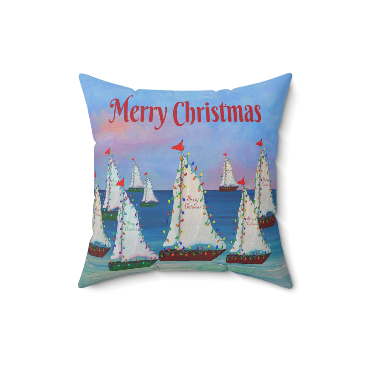 Merry Christmas Sailboat Pillow — Coastal Holiday Decorative Throw Pillow