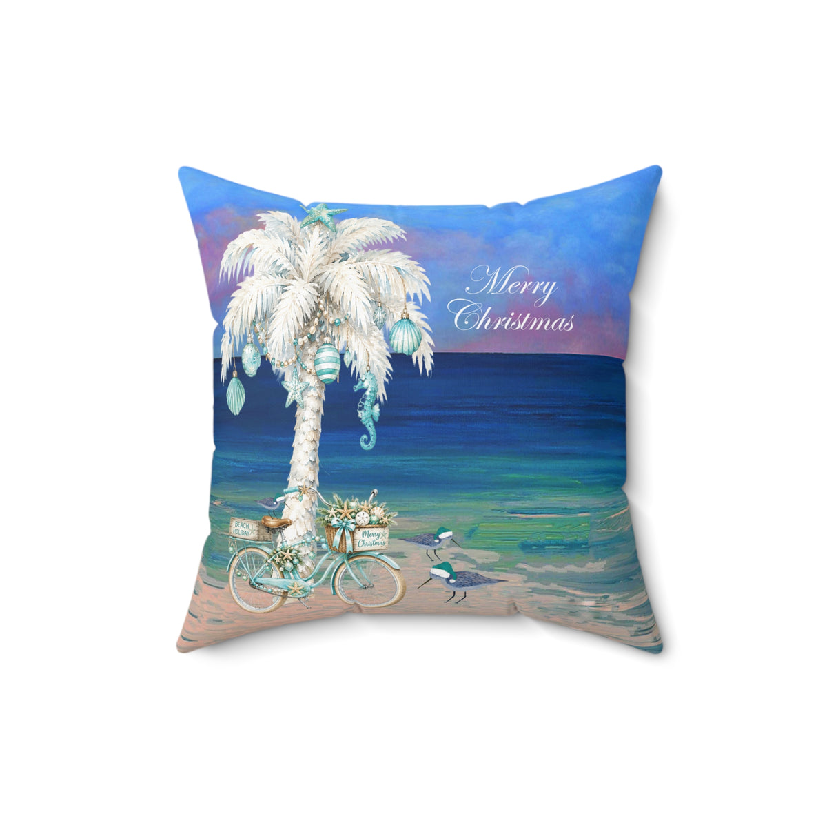 Coastal Christmas Pillow — Beach Palm Tree "Merry Christmas" Throw Pillow