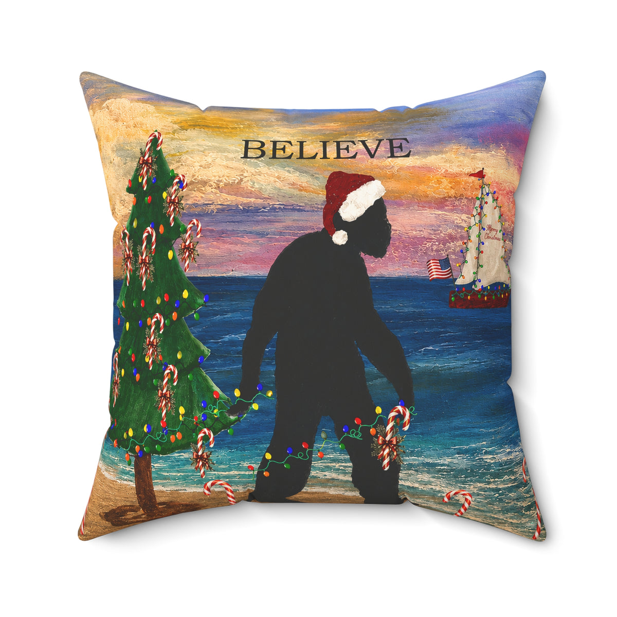 Believe Bigfoot Funny Nautical Holiday Christmas Throw Pillow