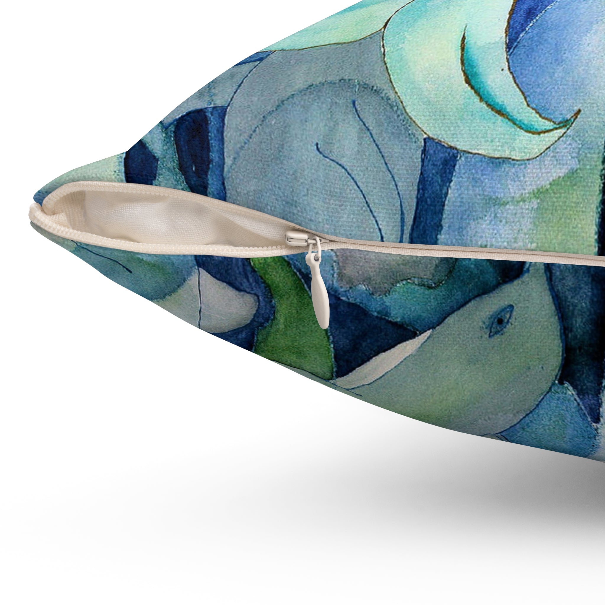 Mermaid & Dolphins Watercolor Throw Pillow — Ocean Blue Decorative Cushion