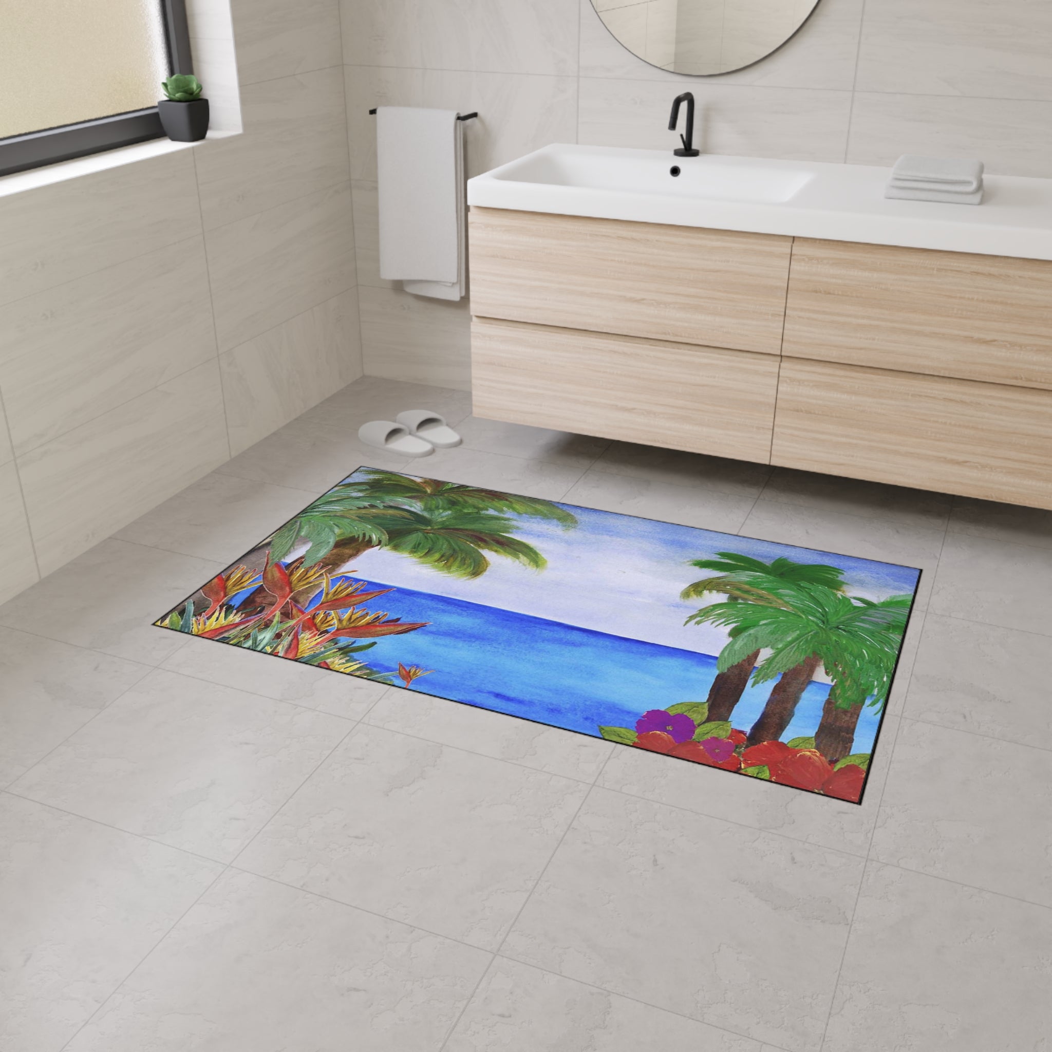 Tropical Beach Floor Mat – Palm Trees & Ocean Welcome Rug