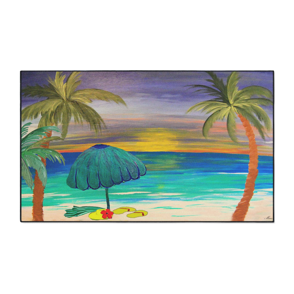 Tropical Sunset Beach Floor Mat — Palm Trees & Umbrella Seaside Doormat