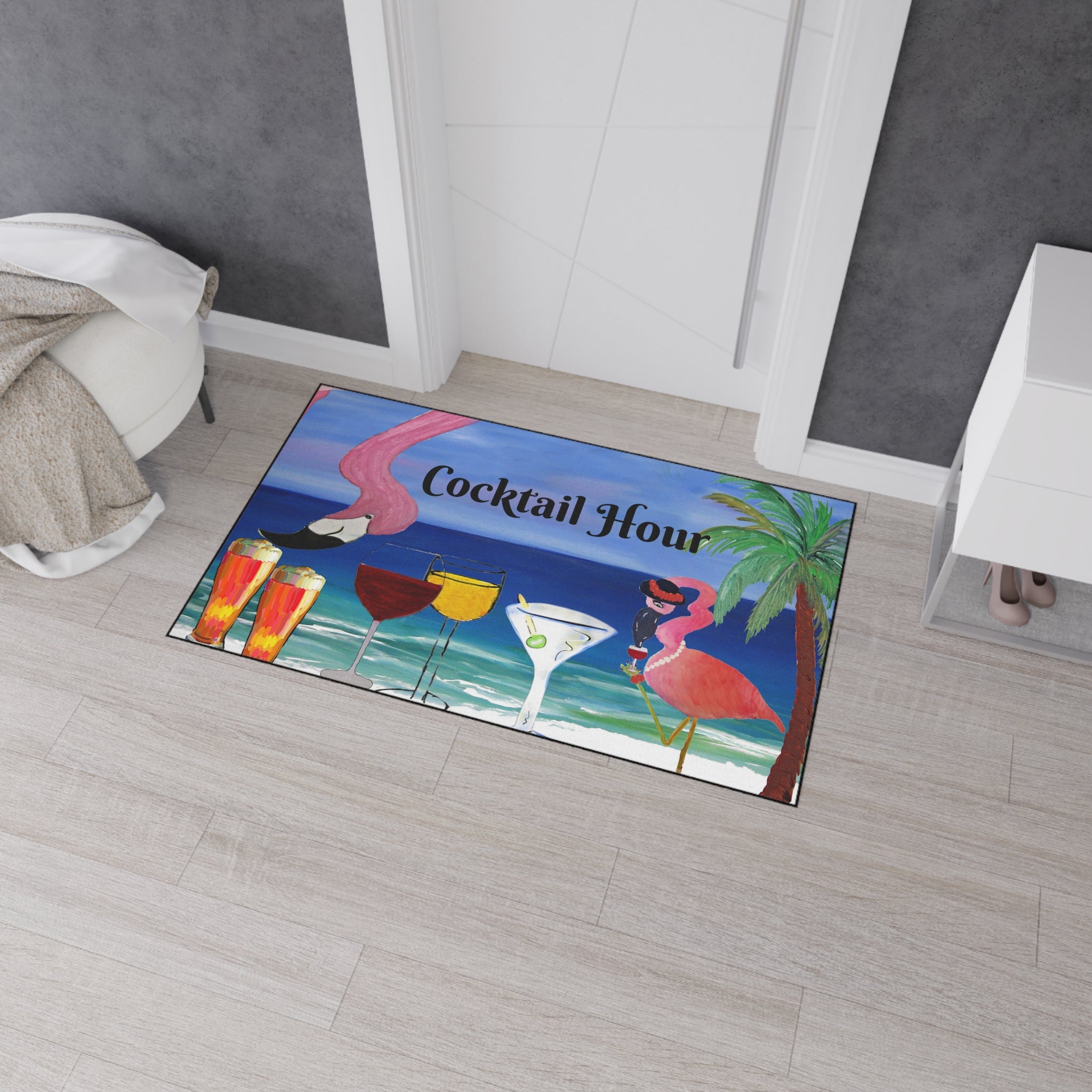 Cocktail Hour Flamingo Floor Mat — Tropical Beach Bar Welcome Mat