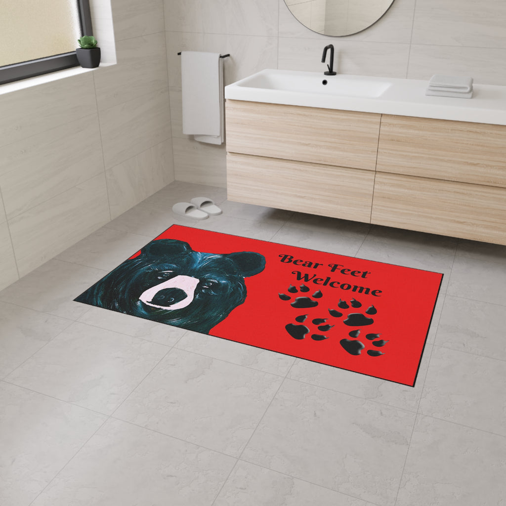 Bear Feet Welcome Heavy-Duty Floor Mat — Red Cabin Doormat with Bear Paw Prints