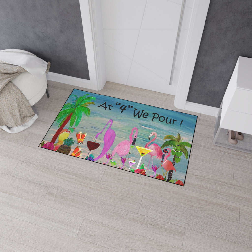 Tropical Flamingo Cocktails Doormat — "At '4' We Pour!" Heavy Duty Floor Mat