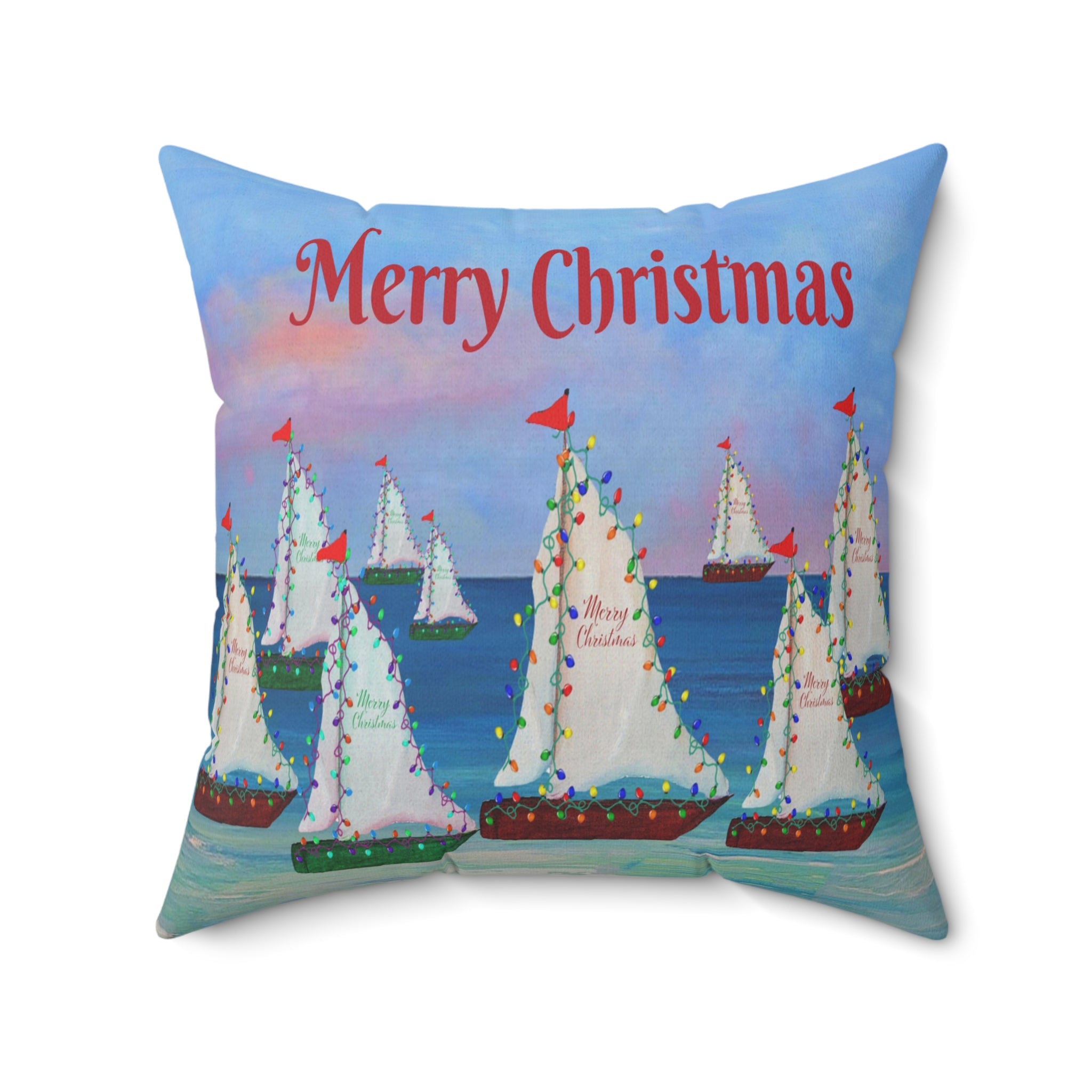 Merry Christmas Sailboat Pillow — Coastal Holiday Decorative Throw Pillow