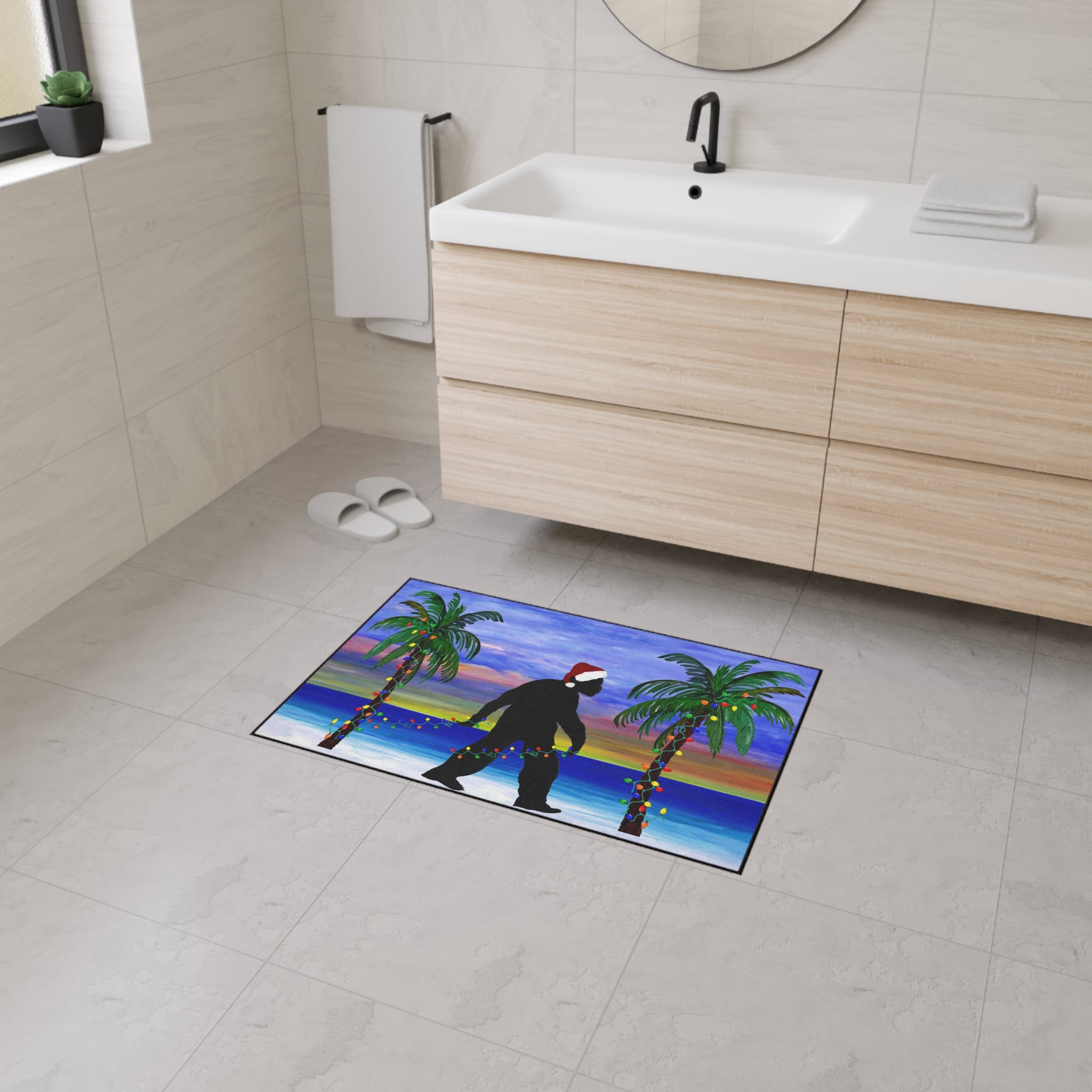 Christmas Beach Sasquatch Doormat — Holiday Palm Tree Welcome Mat