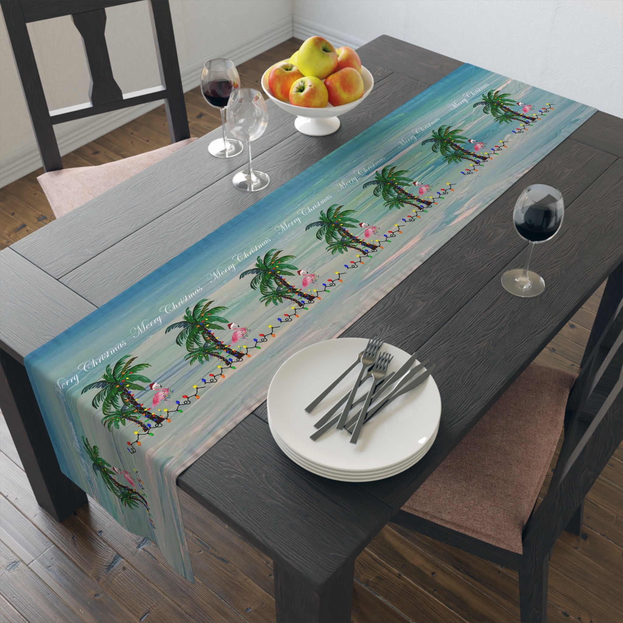 Tropical Palm Christmas Table Runner — "Merry Christmas" Coastal Holiday Decor