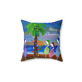 Flamingos Merry Christmas Tropical Palm Pillow — Festive Beach Holiday Decor