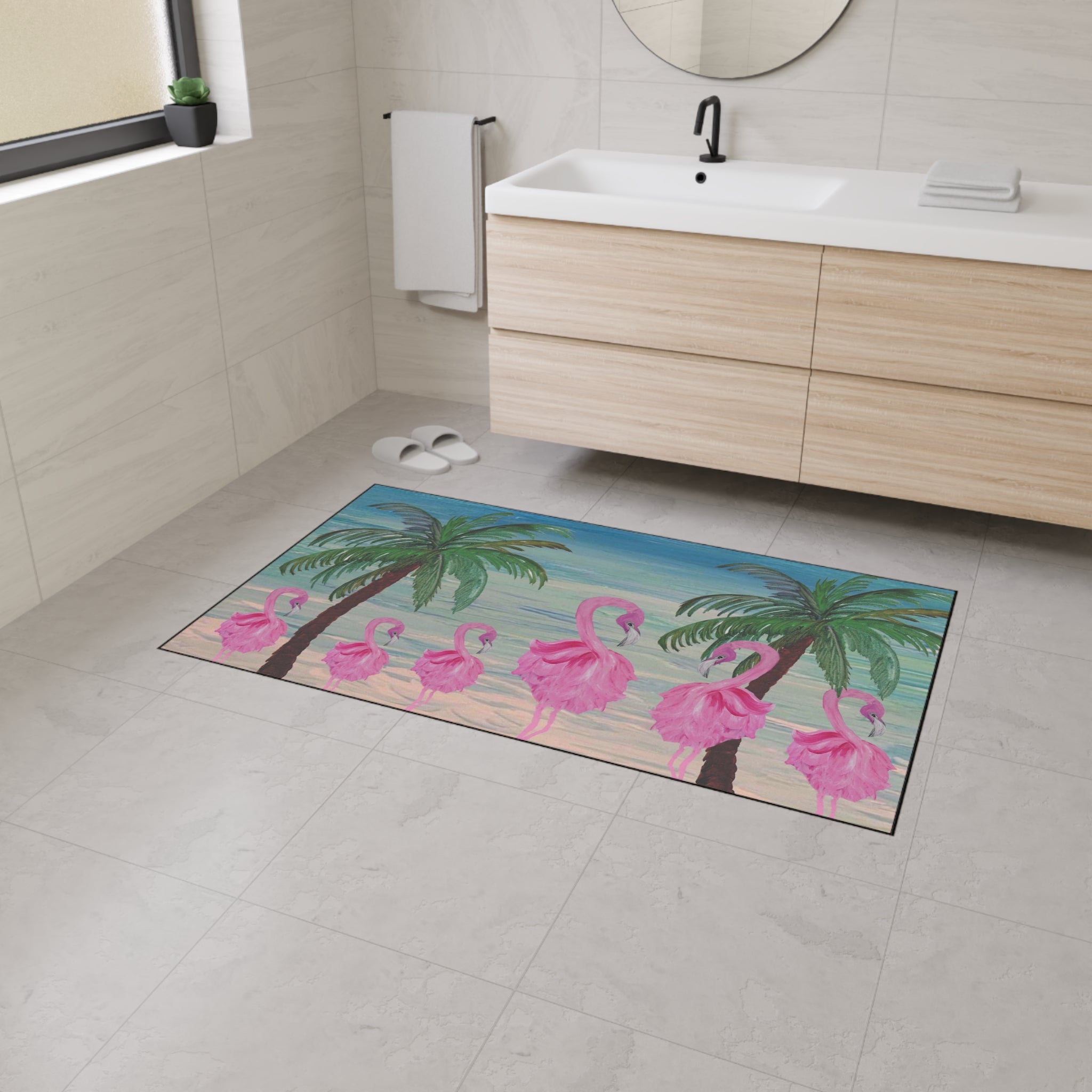 Flamingo Beach Heavy Duty Floor Mat — Tropical Palm Welcome Rug
