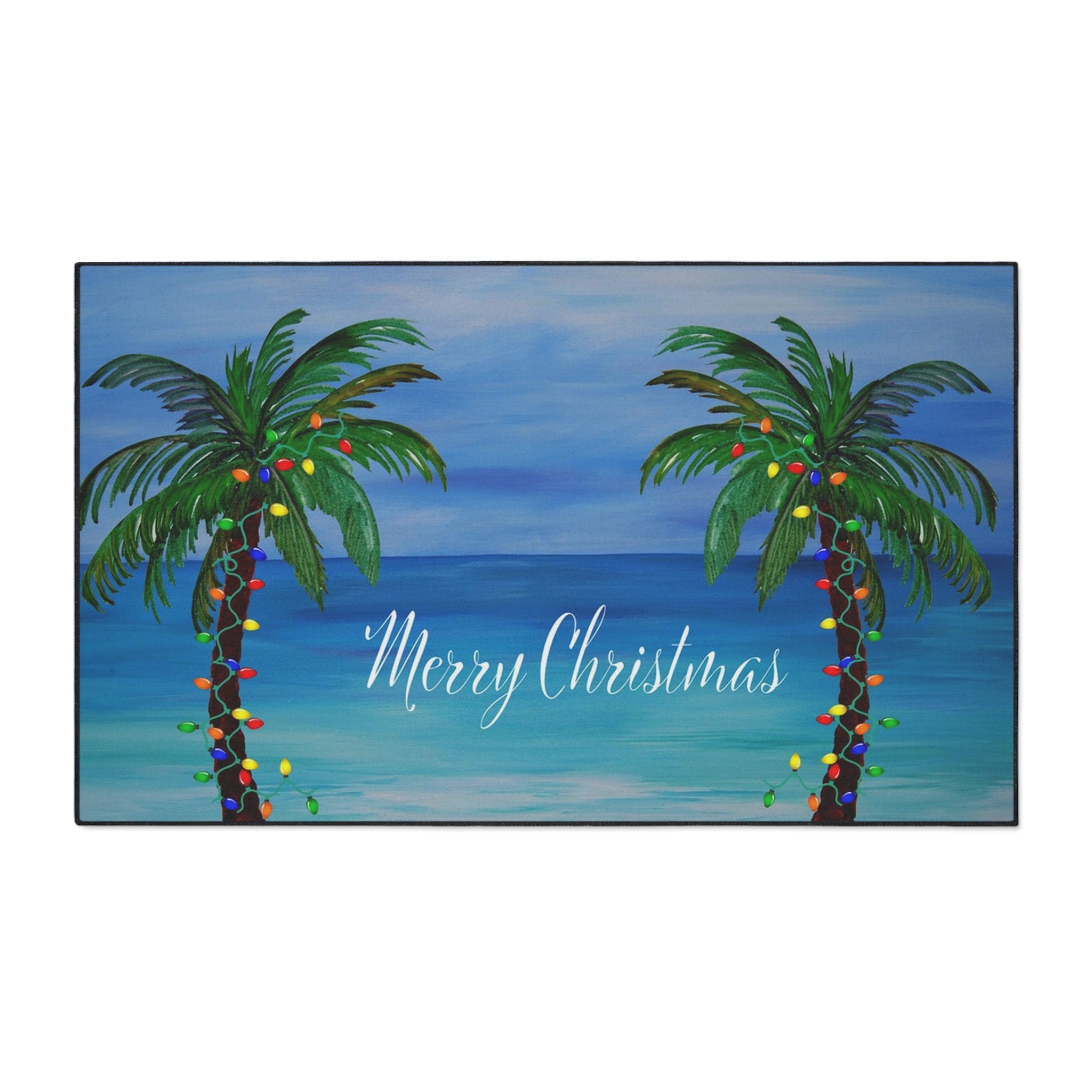 Merry Christmas Tropical Palm Doormat — Heavy Duty Holiday Floor Mat