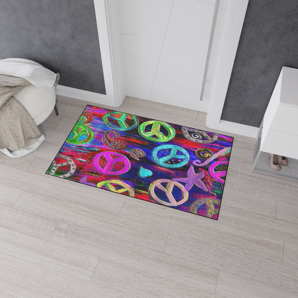 Vibrant Peace Signs Heavy Duty Floor Mat — Colorful Boho Entry Rug