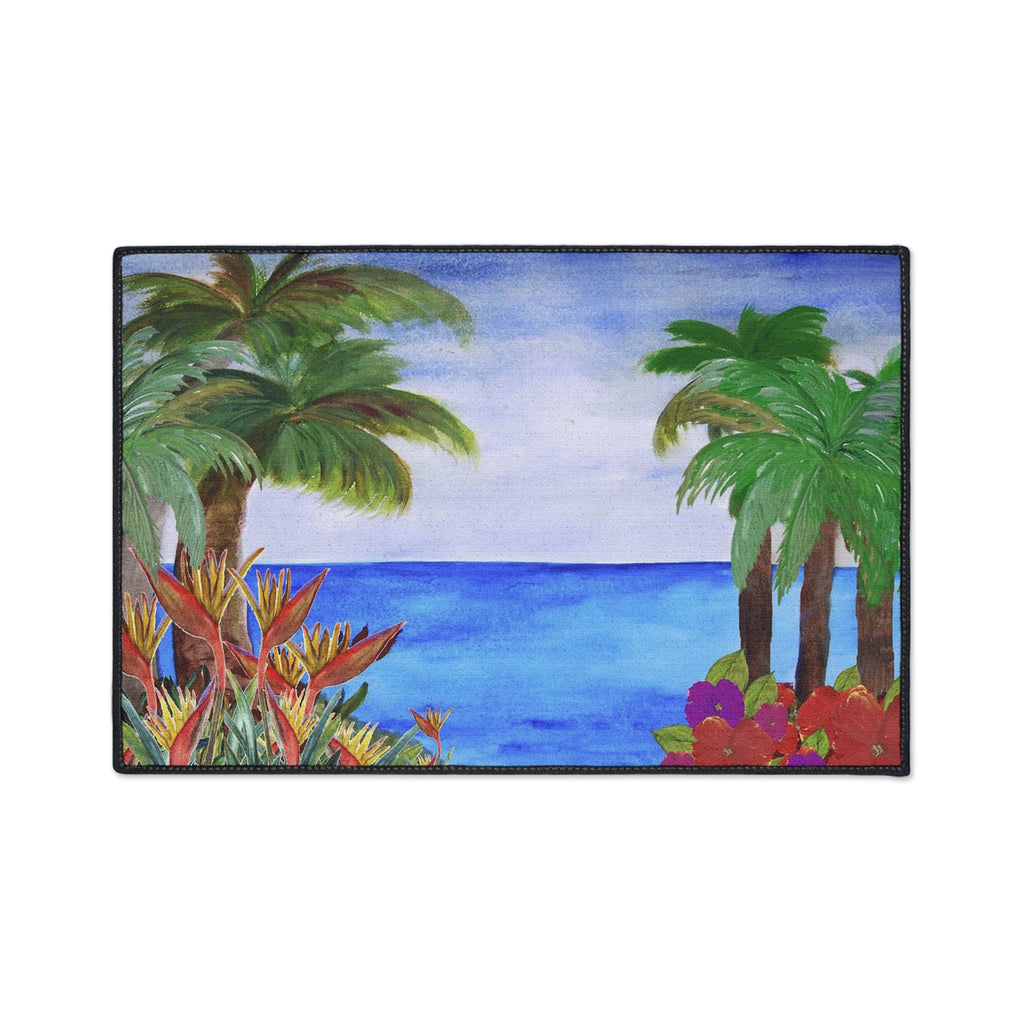 Tropical Beach Floor Mat – Palm Trees & Ocean Welcome Rug
