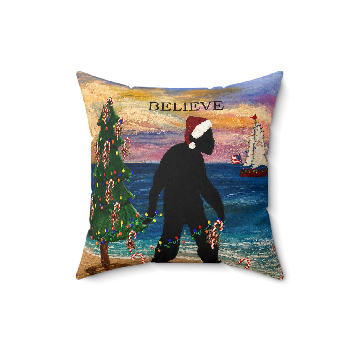 Believe Bigfoot Funny Nautical Holiday Christmas Throw Pillow