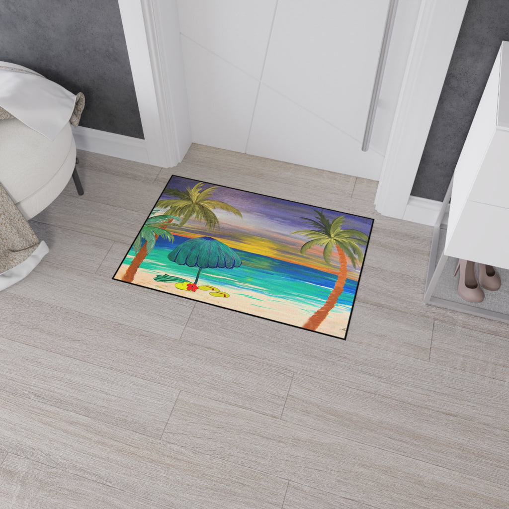 Tropical Sunset Beach Floor Mat — Palm Trees & Umbrella Seaside Doormat