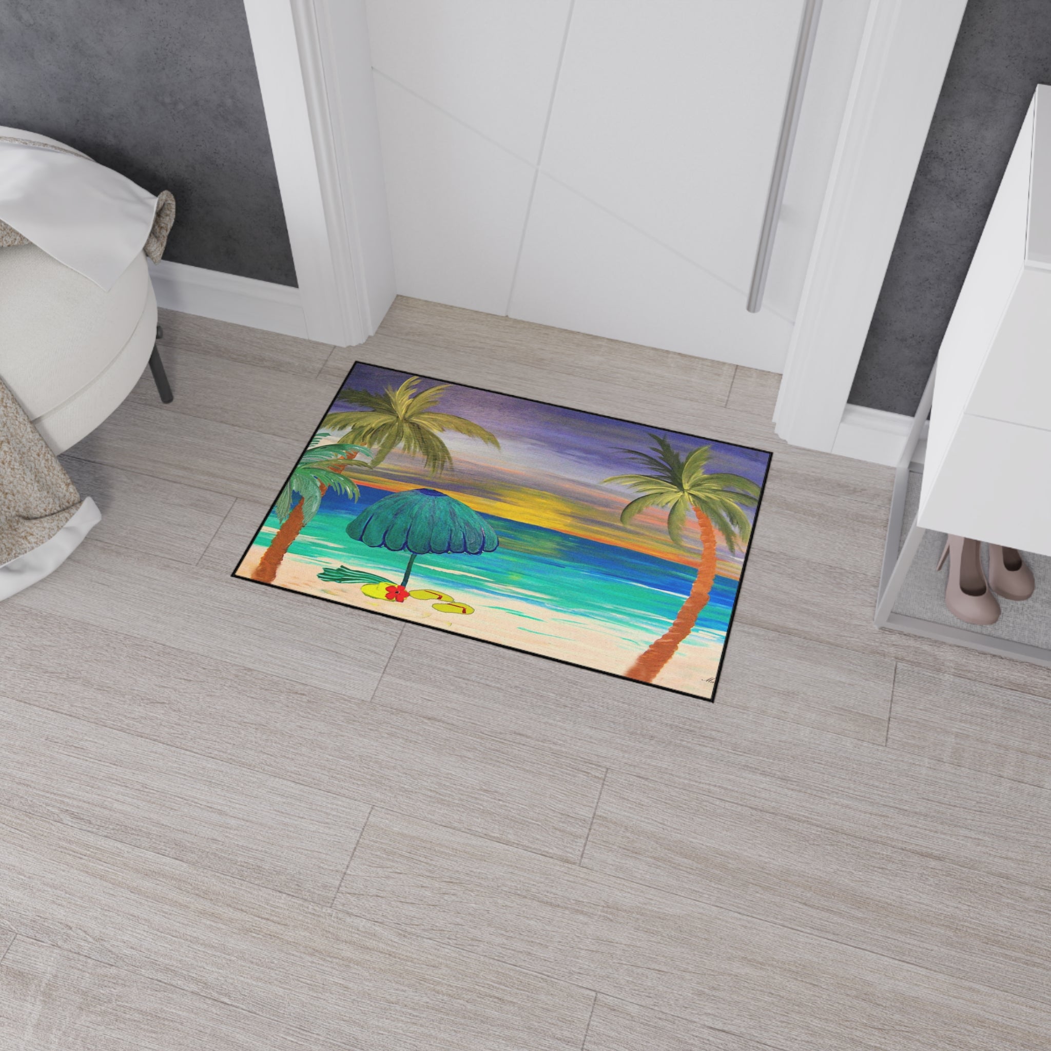 Tropical Sunset Beach Floor Mat — Palm Trees & Umbrella Seaside Doormat