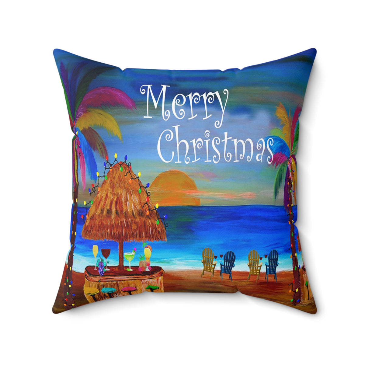 Tropical "Merry Christmas" Beach Pillow — Holiday Luau Decorative Throw Pillow