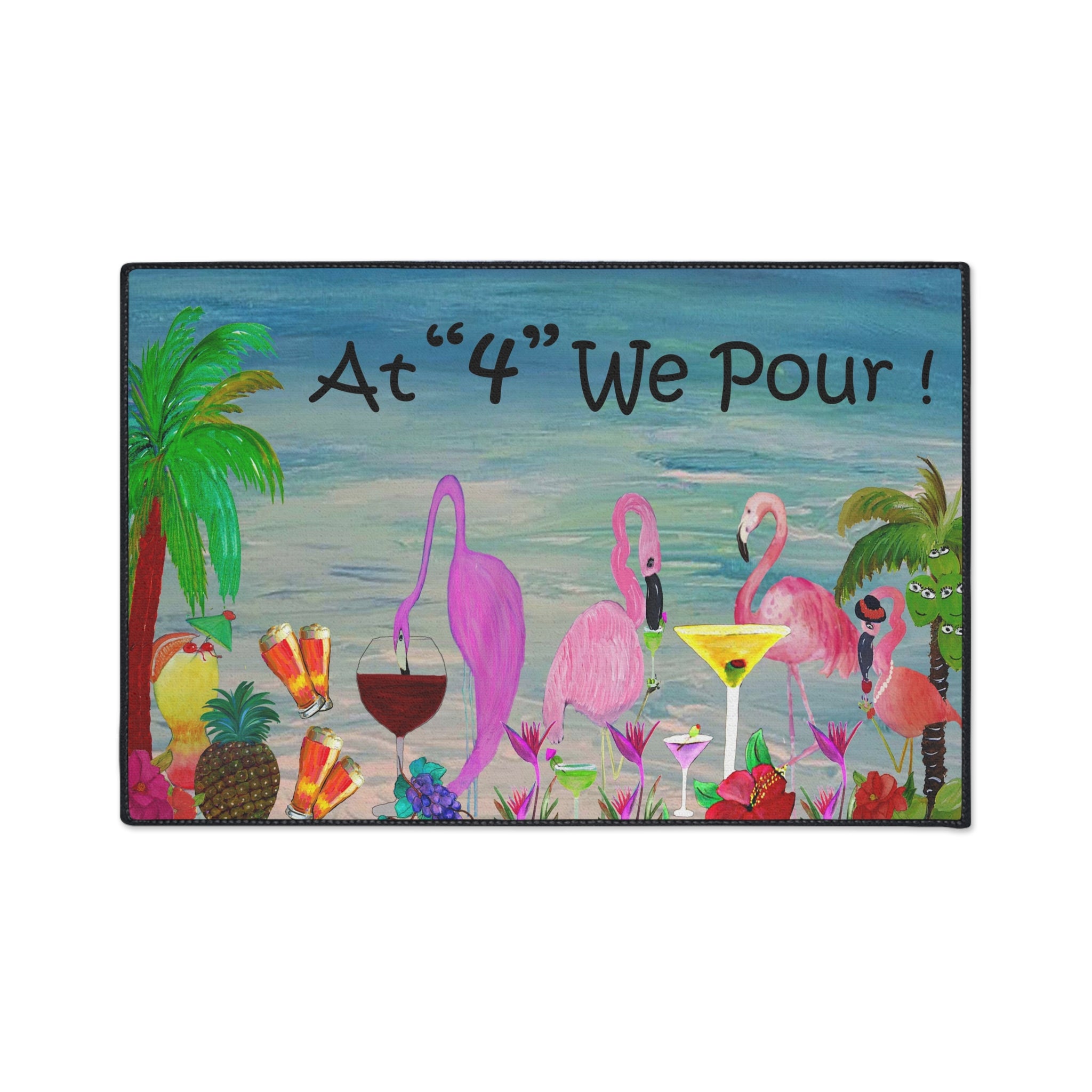 Tropical Flamingo Welcome Mat — "At '4' We Pour!" Cocktail Beach Door Mat