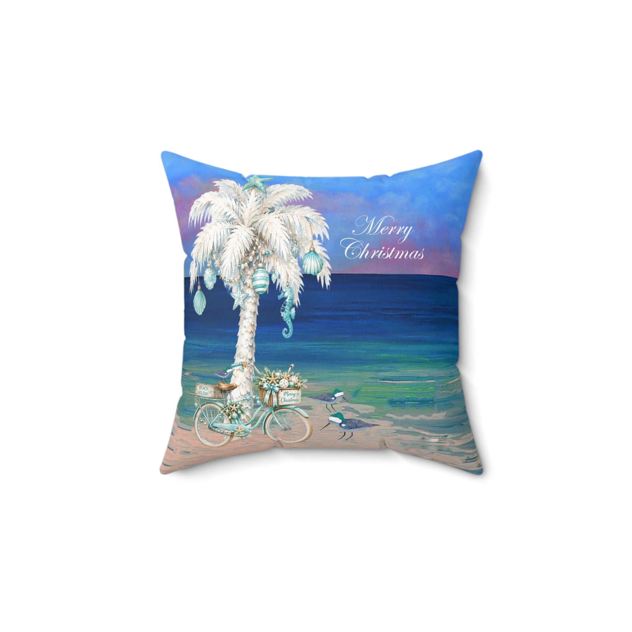 Coastal Christmas Pillow — Beach Palm Tree "Merry Christmas" Throw Pillow