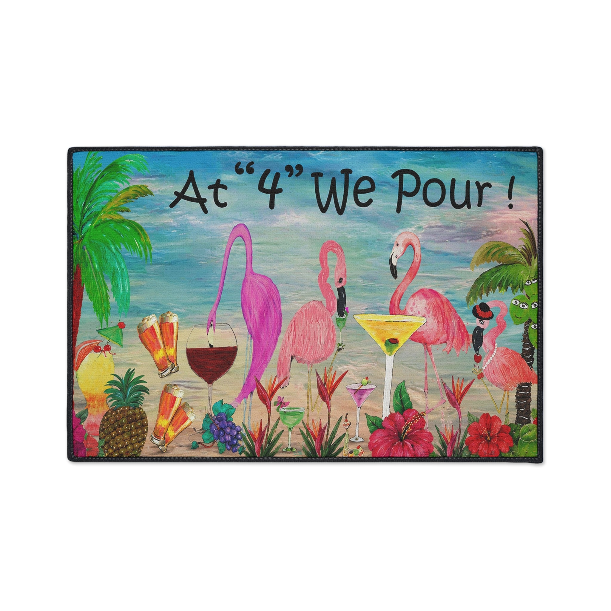 Tropical Flamingo Welcome Mat — "At '4' We Pour!" Cocktail Beach Door Mat