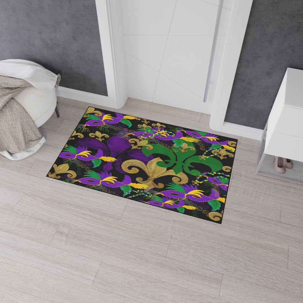 Mardi Gras Fleur-de-Lis Heavy Duty Floor Mat — Purple, Green & Gold Mask Design