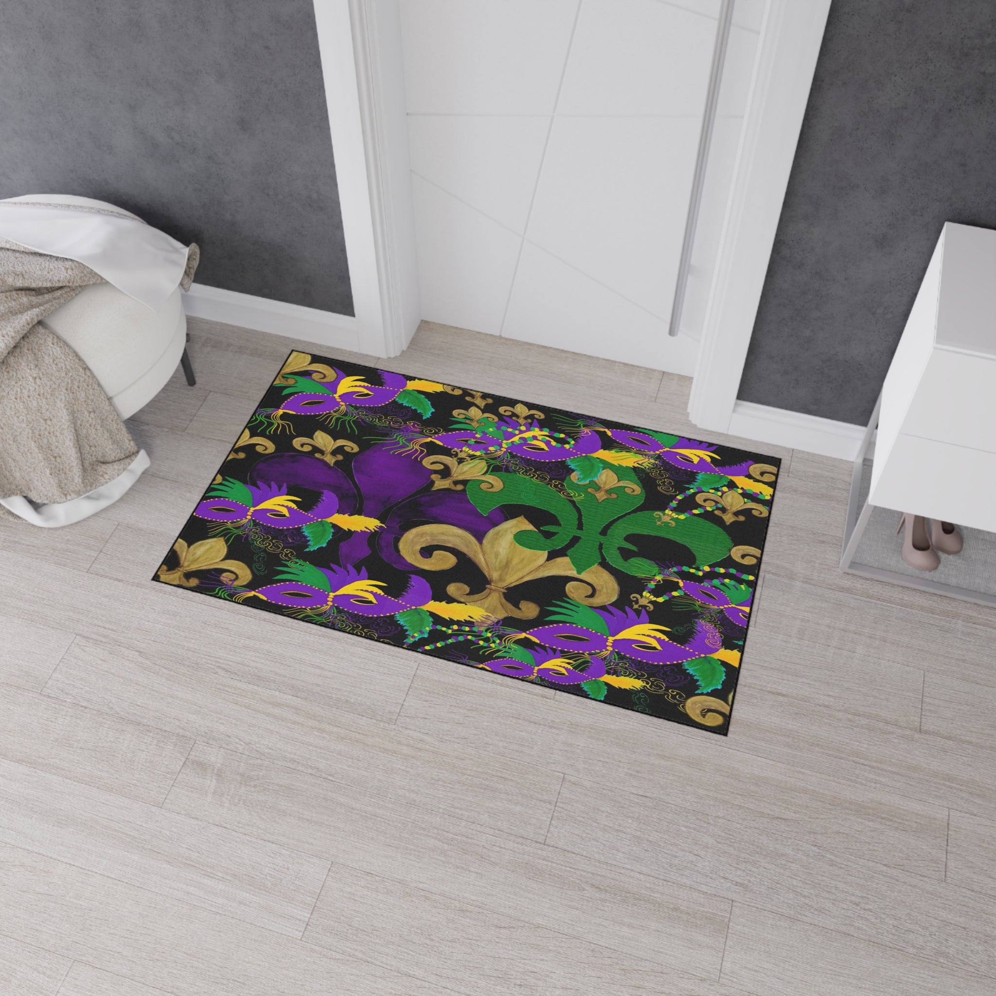 Mardi Gras Fleur-de-Lis Heavy Duty Floor Mat — Purple, Green & Gold Mask Design