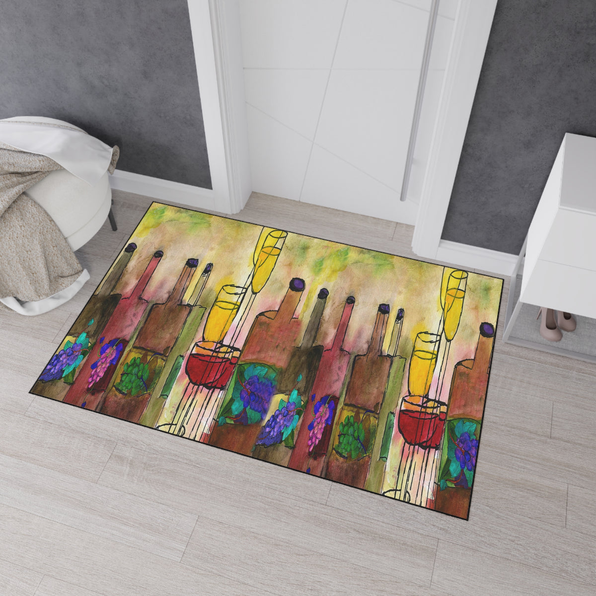 Wine Bottle Art Heavy Duty Floor Mat Vineyard Bar Colorful Grapes & Glasses Entry Rug
