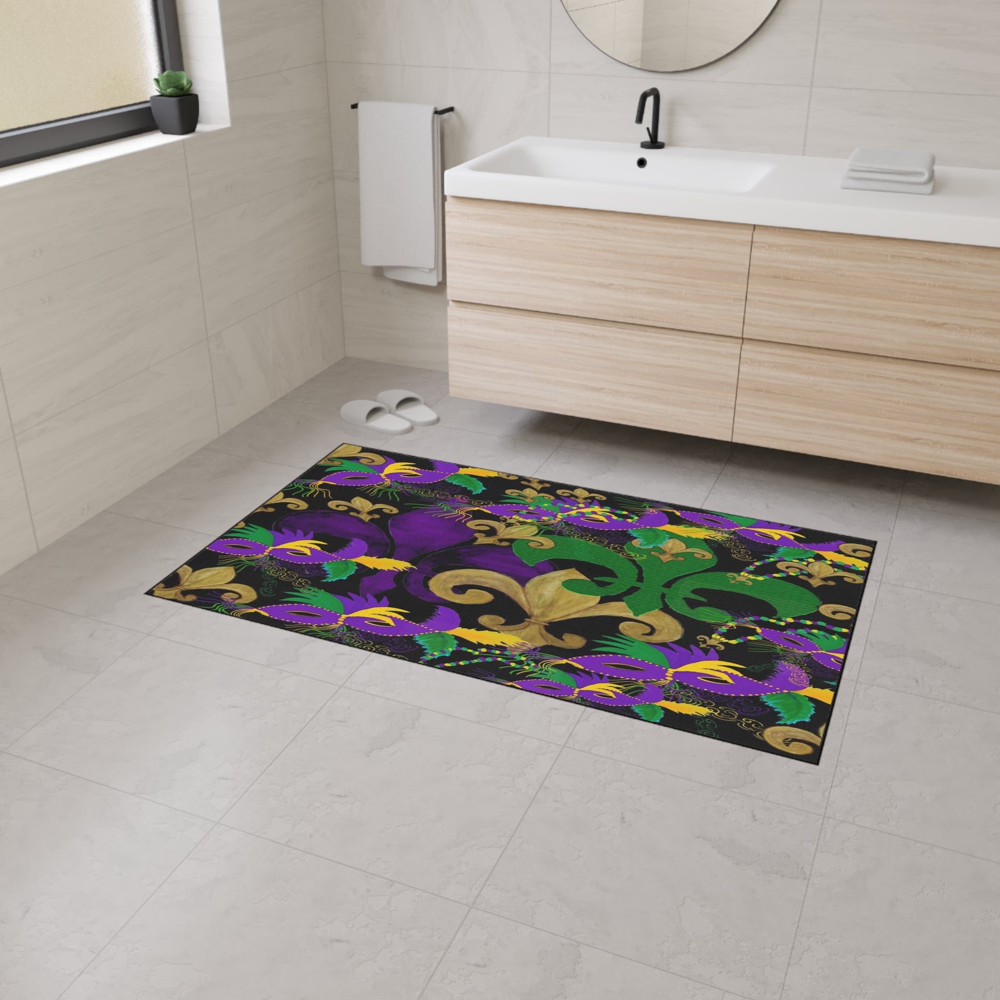 Mardi Gras Fleur-de-Lis Heavy Duty Floor Mat — Purple, Green & Gold Mask Design