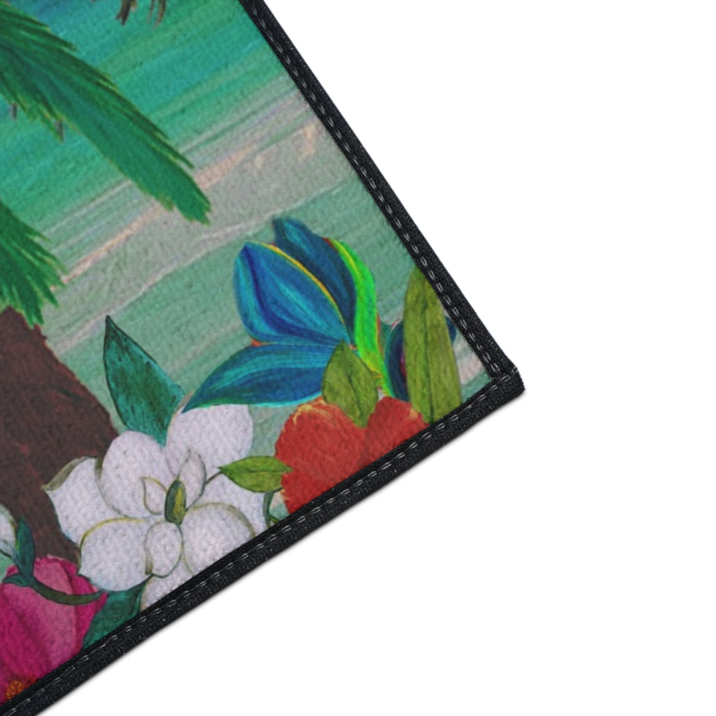 Tropical Beach Floor Mat — Palm Trees, Adirondack Chairs & Floral Welcome Doormat