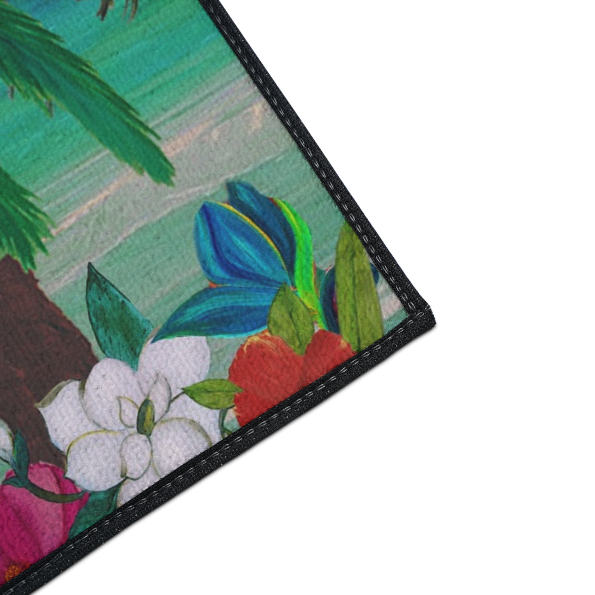Tropical Beach Floor Mat — Palm Trees, Adirondack Chairs & Floral Welcome Doormat
