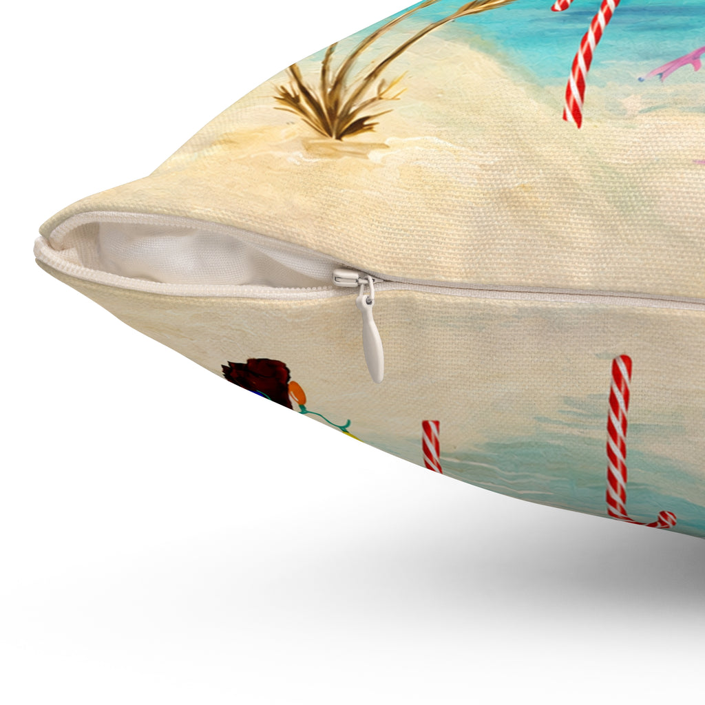 Christmas Flamingo Candy Canes Beach Pillow — Merry Christmas Tropical Holiday Throw Pillow