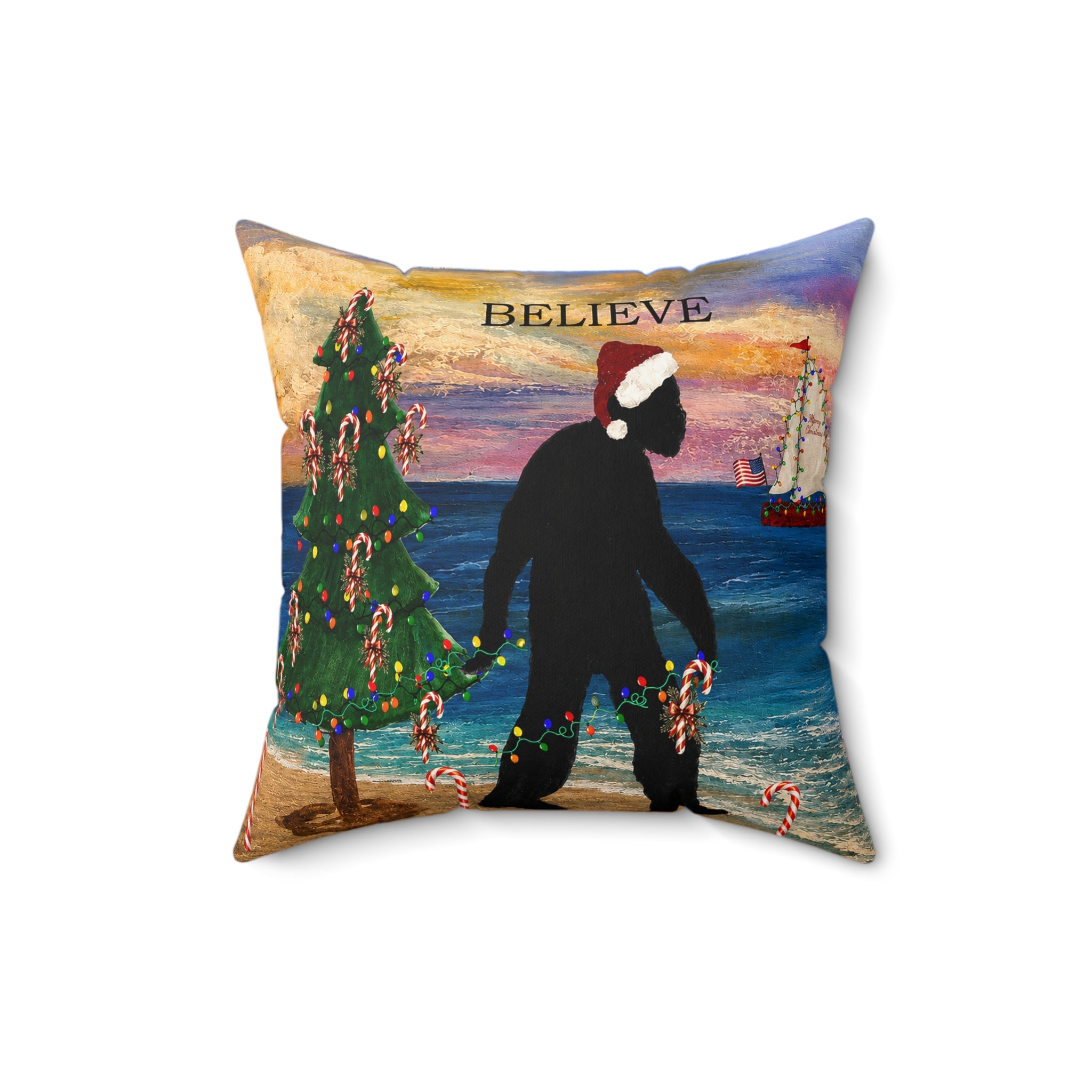 Believe Bigfoot Funny Nautical Holiday Christmas Throw Pillow
