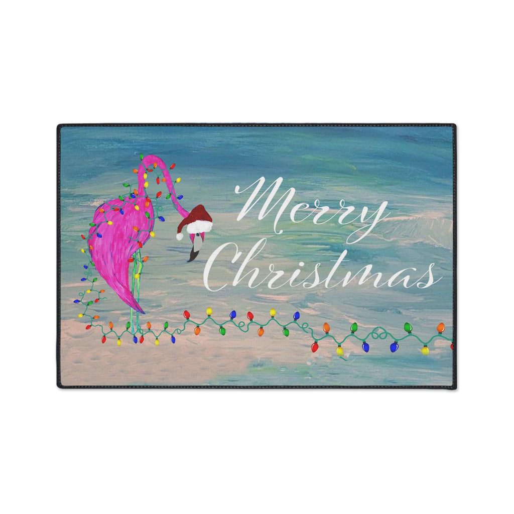 Christmas Flamingo Heavy-Duty Floor Mat — 'Merry Christmas' Holiday Doormat