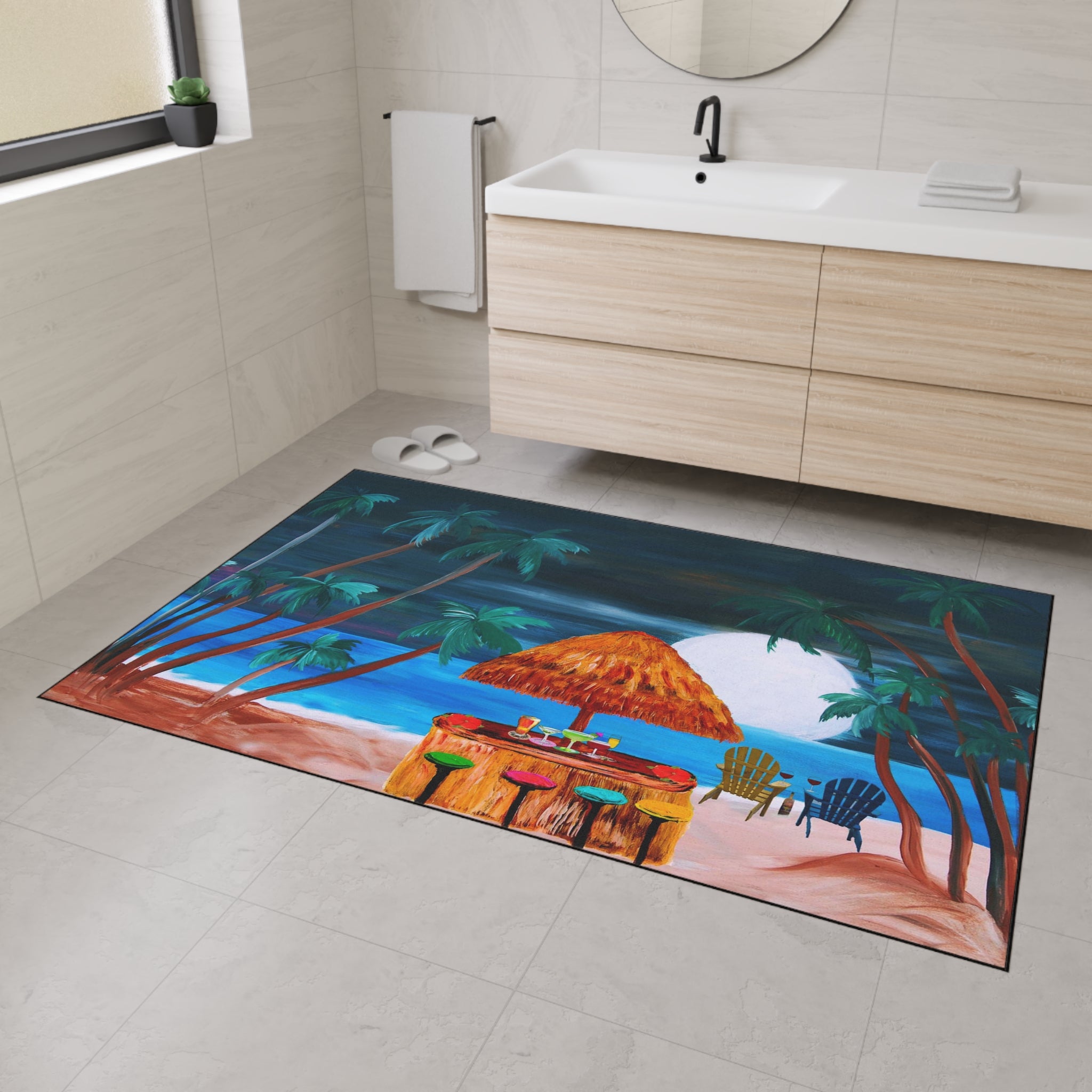 Tropical Beach Tiki Mat — Heavy Duty Floor Mat with Sunset Palm Paradise Design