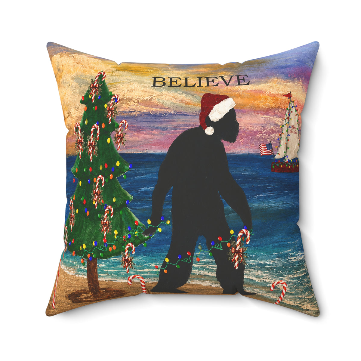 Believe Bigfoot Funny Nautical Holiday Christmas Throw Pillow