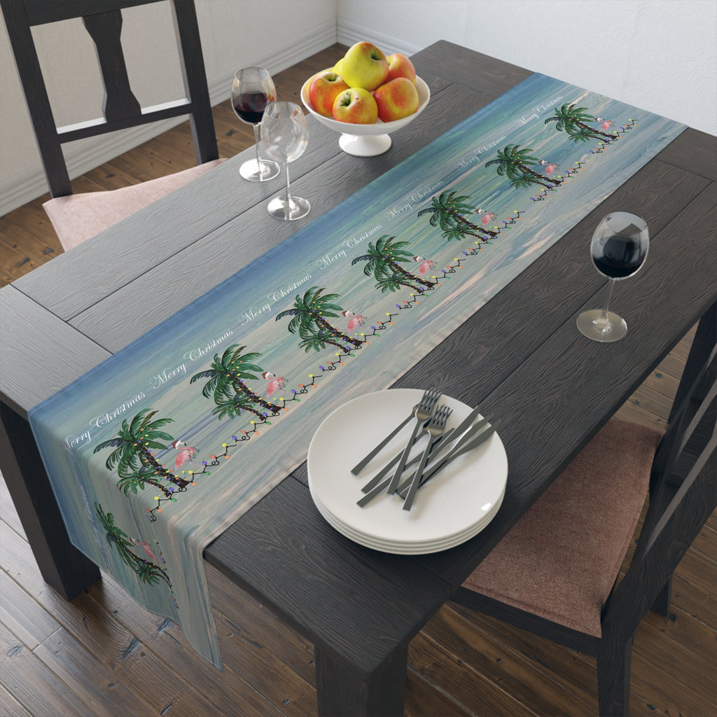 Tropical Palm Christmas Table Runner — "Merry Christmas" Coastal Holiday Decor