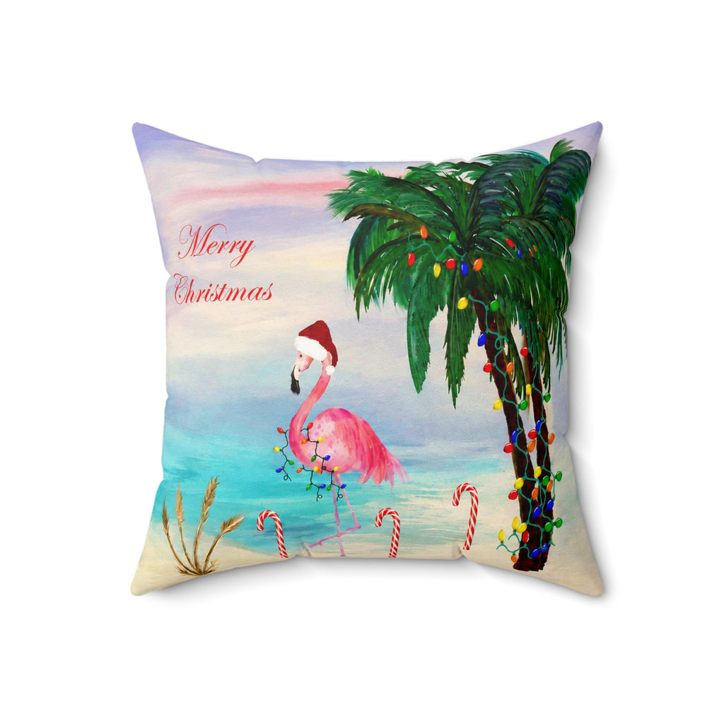 Christmas Flamingo Candy Canes Beach Pillow — Merry Christmas Tropical Holiday Throw Pillow