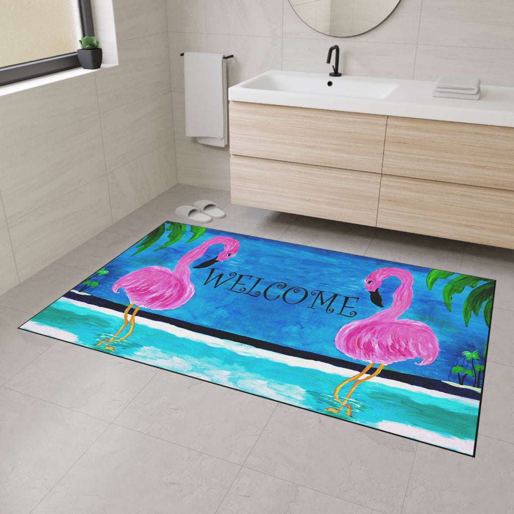 Welcome Flamingo Beach Mat — Heavy-Duty Tropical Welcome Doormat