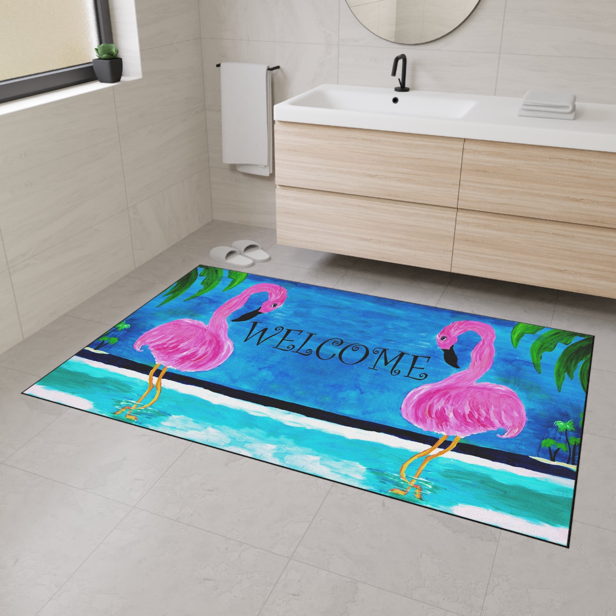 Welcome Flamingo Beach Mat — Heavy-Duty Tropical Welcome Doormat
