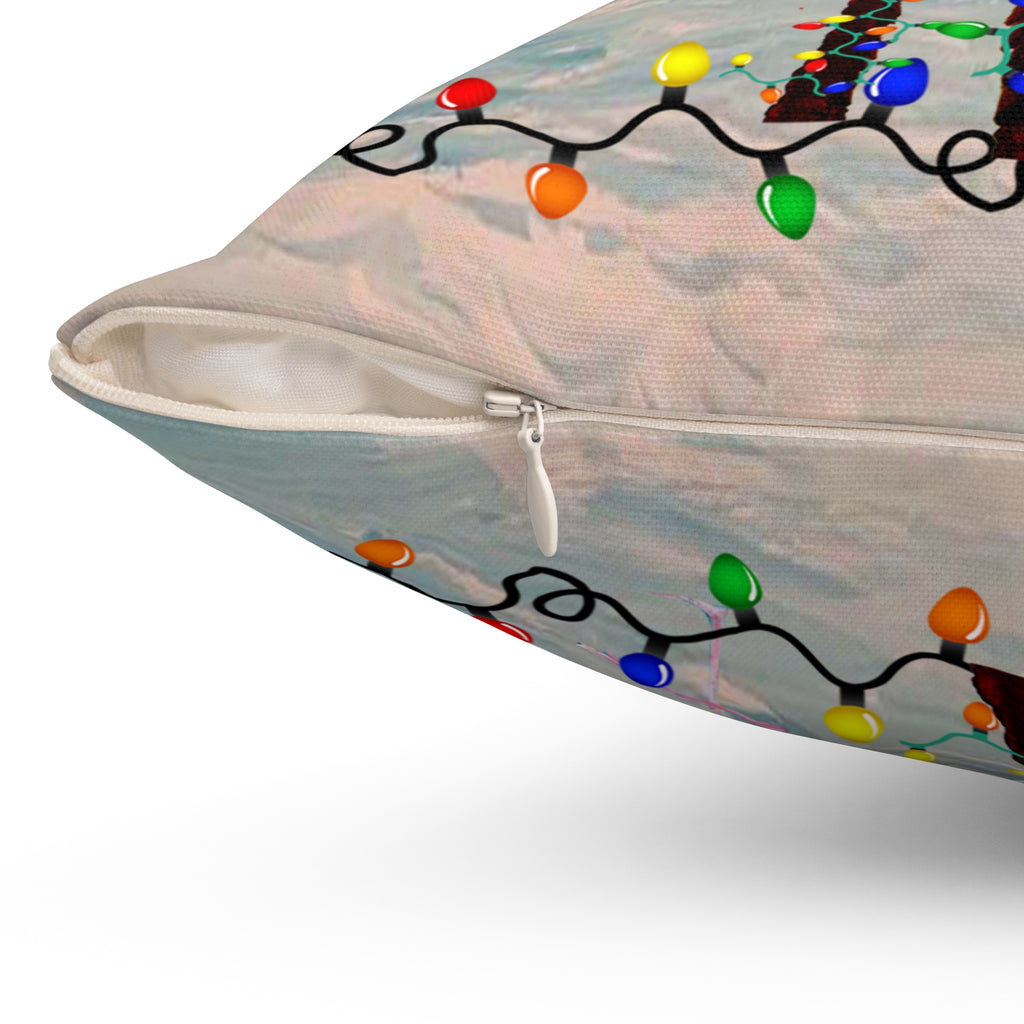 Tropical Christmas Palm Pillow — Flamingo with Holiday Lights